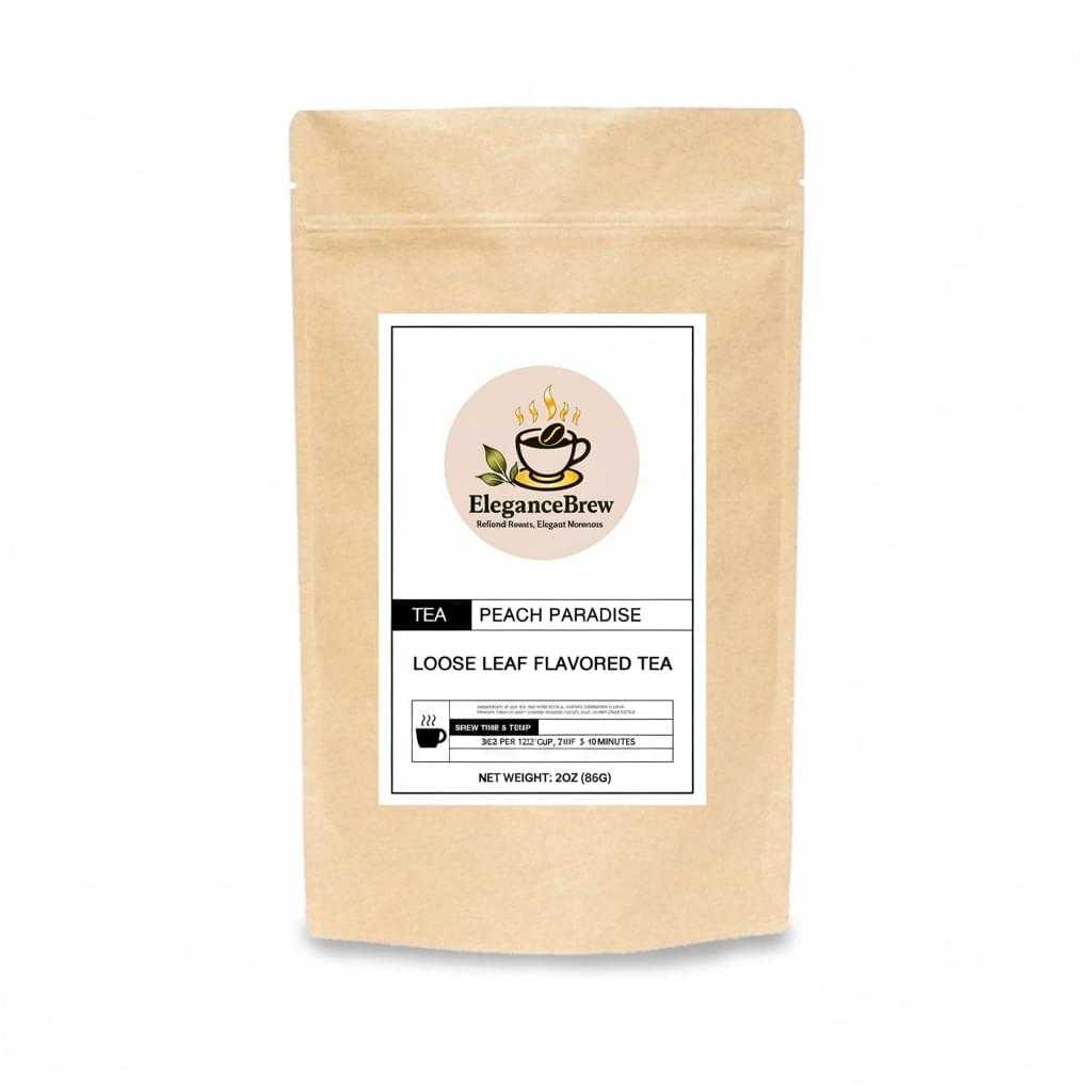 Peach Paradise Herbal Tea in a kraft paper stand-up pouch with a white label and black text detailing loose leaf tea.