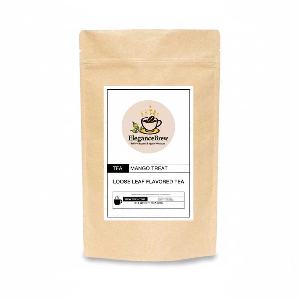 Loose-leaf tea pouch labeled Mango Treat - Tropical Herbal Tea Blend, in kraft paper with a white and black label.