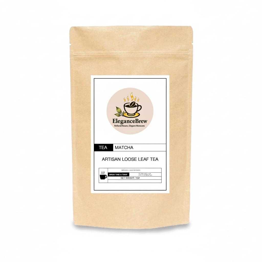 Premium Matcha powder in a natural kraft paper pouch with a white label, black text, and circular logo.