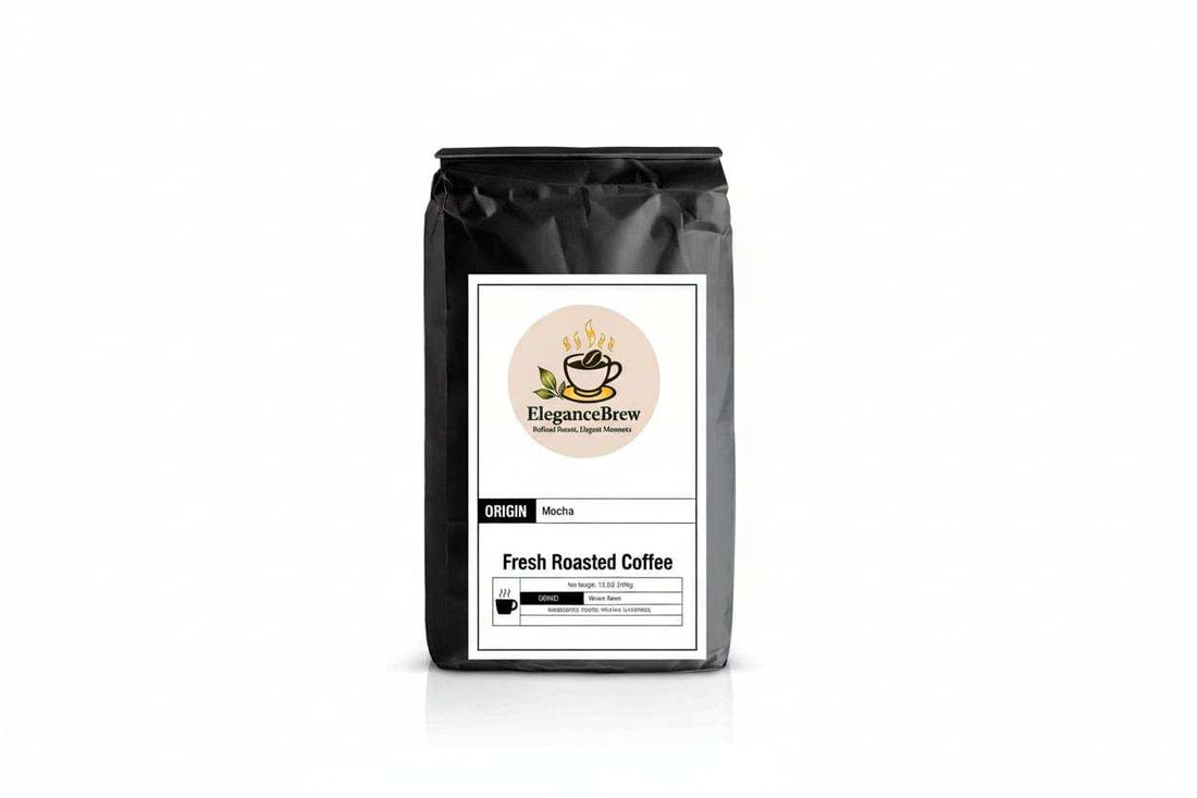 Mocha Coffee in a matte black resealable bag with a white label, cream brand emblem, and fresh-roasted coffee text.