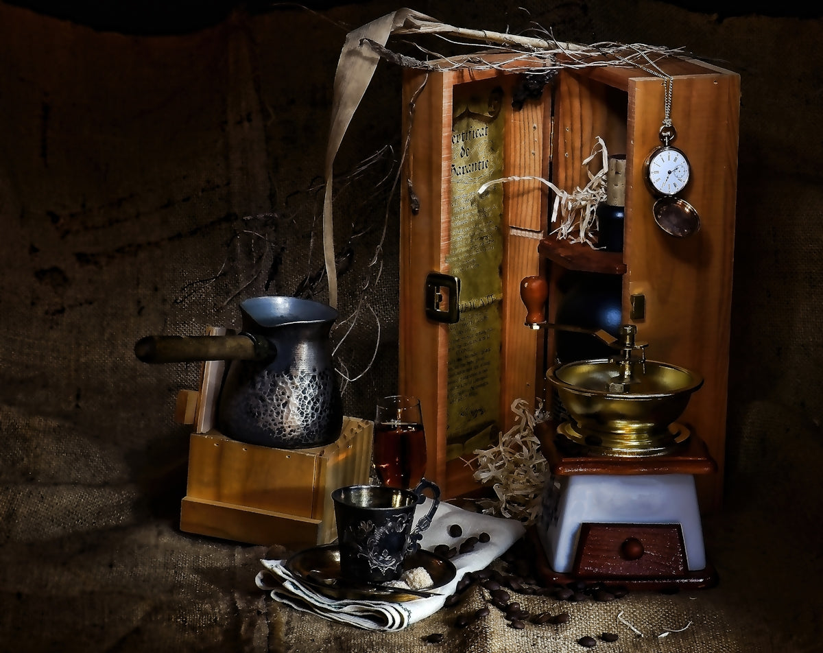 a room with a table and a clock