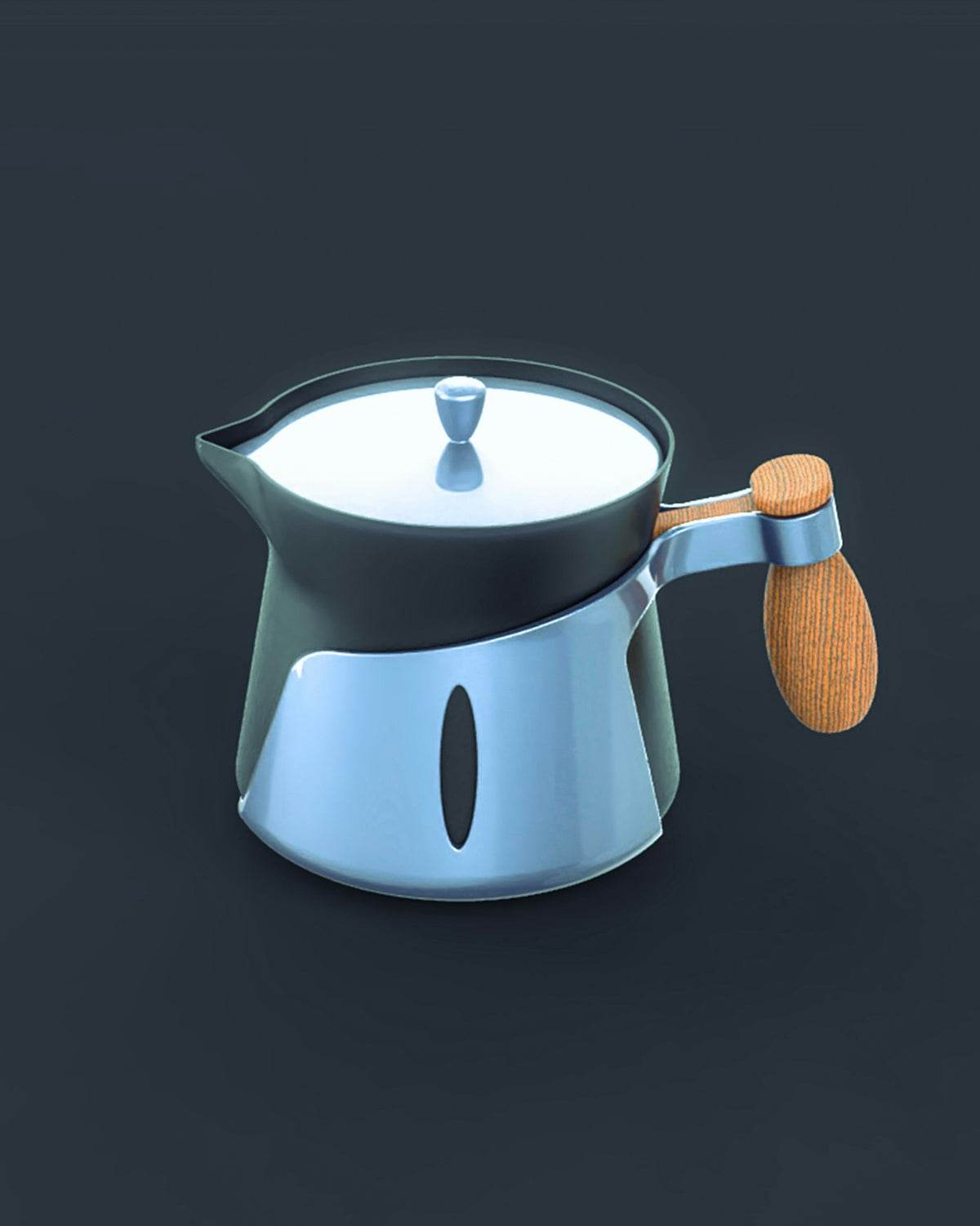 Coffee pot with a pale blue and dark gray enamel body, glass lid, and wood-grain side handle, for FAQs about Coffee Machines
