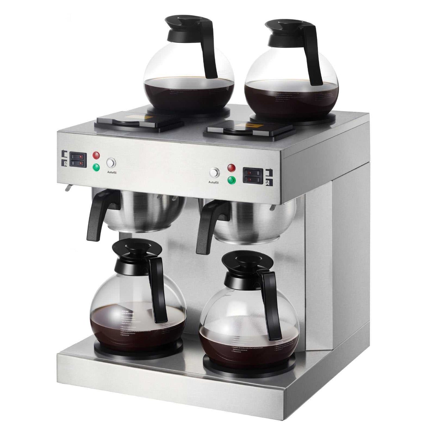 Commercial drip coffee maker with dual heads, 24-cup capacity, four glass carafes, and stainless steel design for office and cafe use