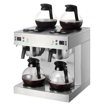 Commercial drip coffee maker with dual heads, 24-cup capacity, four glass carafes, and stainless steel design for office and cafe use