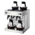 Commercial drip coffee maker with dual heads, 24-cup capacity, four glass carafes, and stainless steel design for office and cafe use
