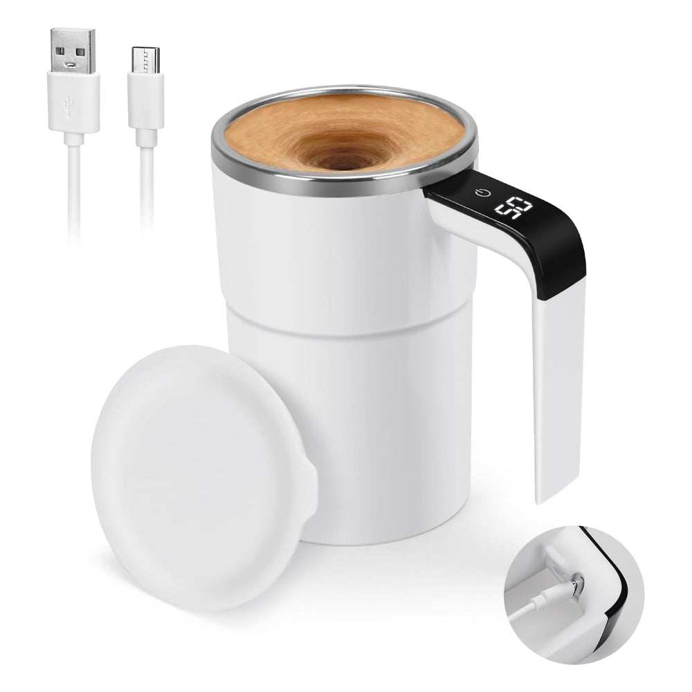 MixMaster self-stirring coffee mug with automatic magnetic mixing and one-touch operation