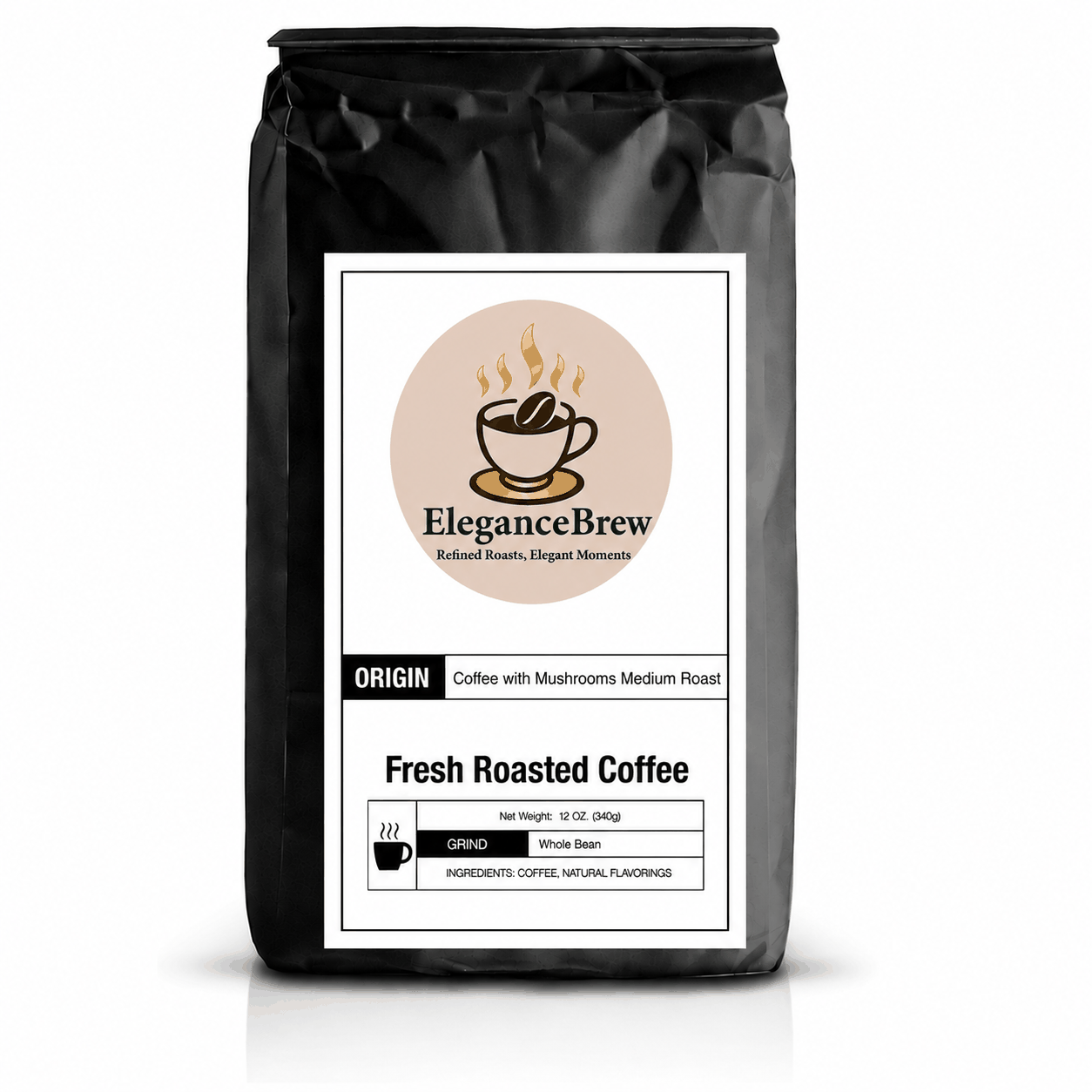 12-ounce bag of Coffee with Mushrooms Medium Roast featuring adaptogenic mushroom blend