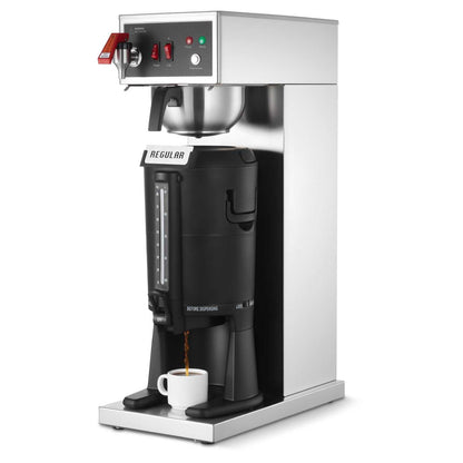 Commercial drip coffee maker with 2.5L thermal carafe, stainless steel brewer, and automatic water filling for restaurants and offices