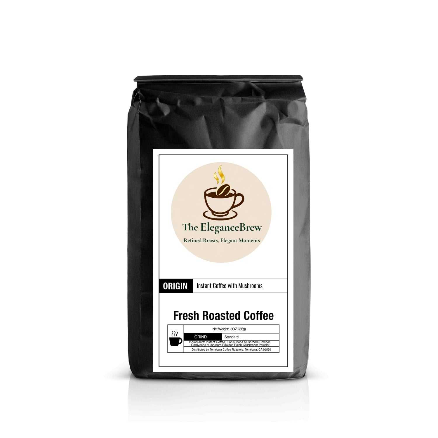 Instant coffee with mushroom blend featuring Lion’s Mane, Cordyceps, and Reishi for balanced flavor and enhanced focus