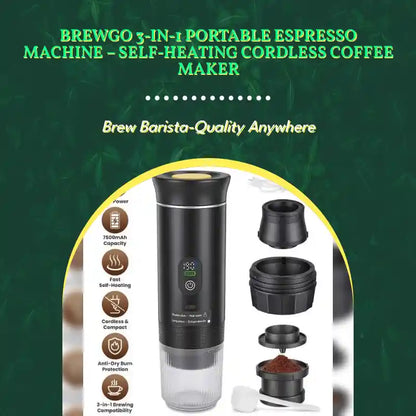 BrewGo 3-in-1 Portable Espresso Machine &amp;ndash; Self-Heating Cordless Coffee Maker by@Outfy