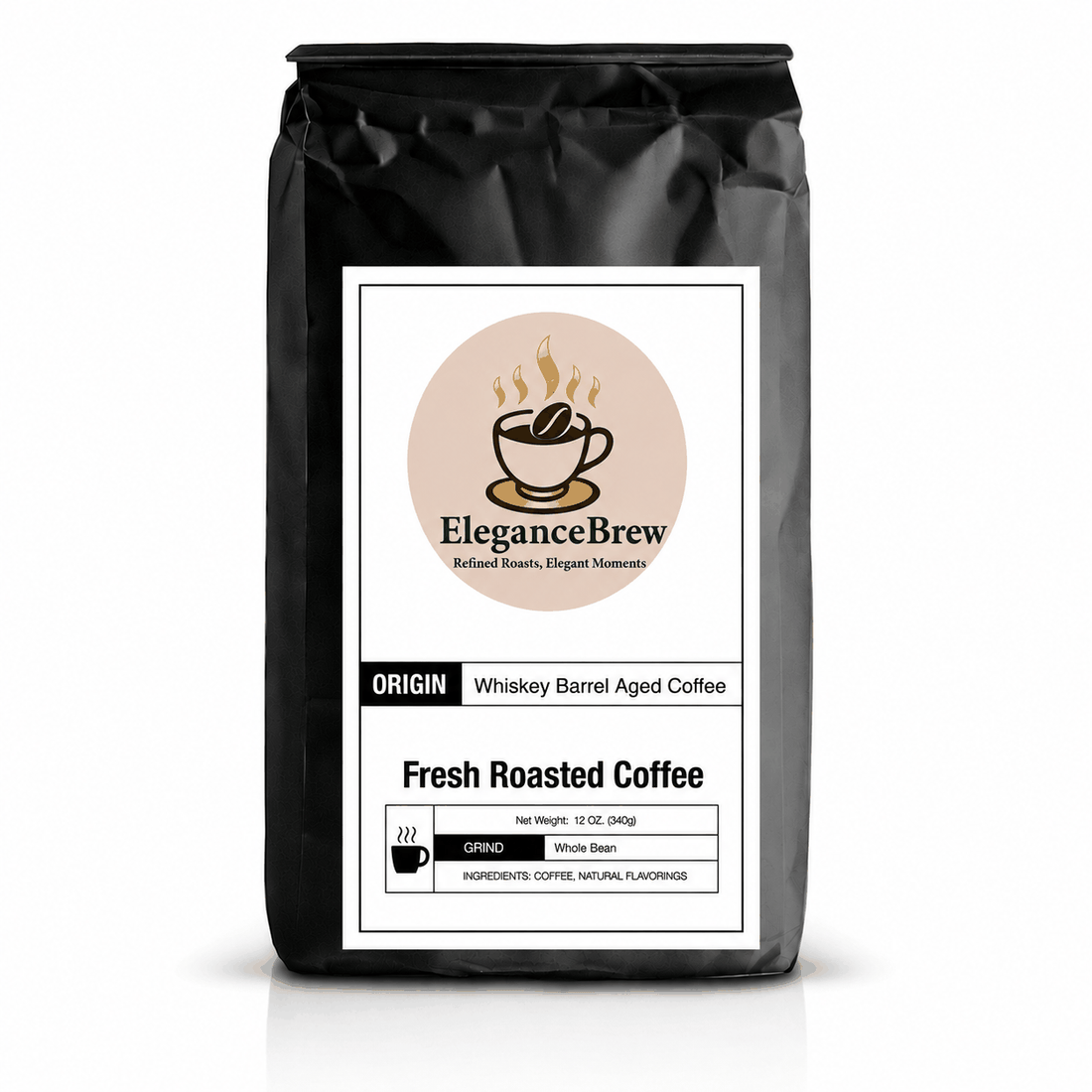 Bag of Guatemalan Whiskey Barrel-Aged Coffee with whiskey barrel and coffee beans on wooden background